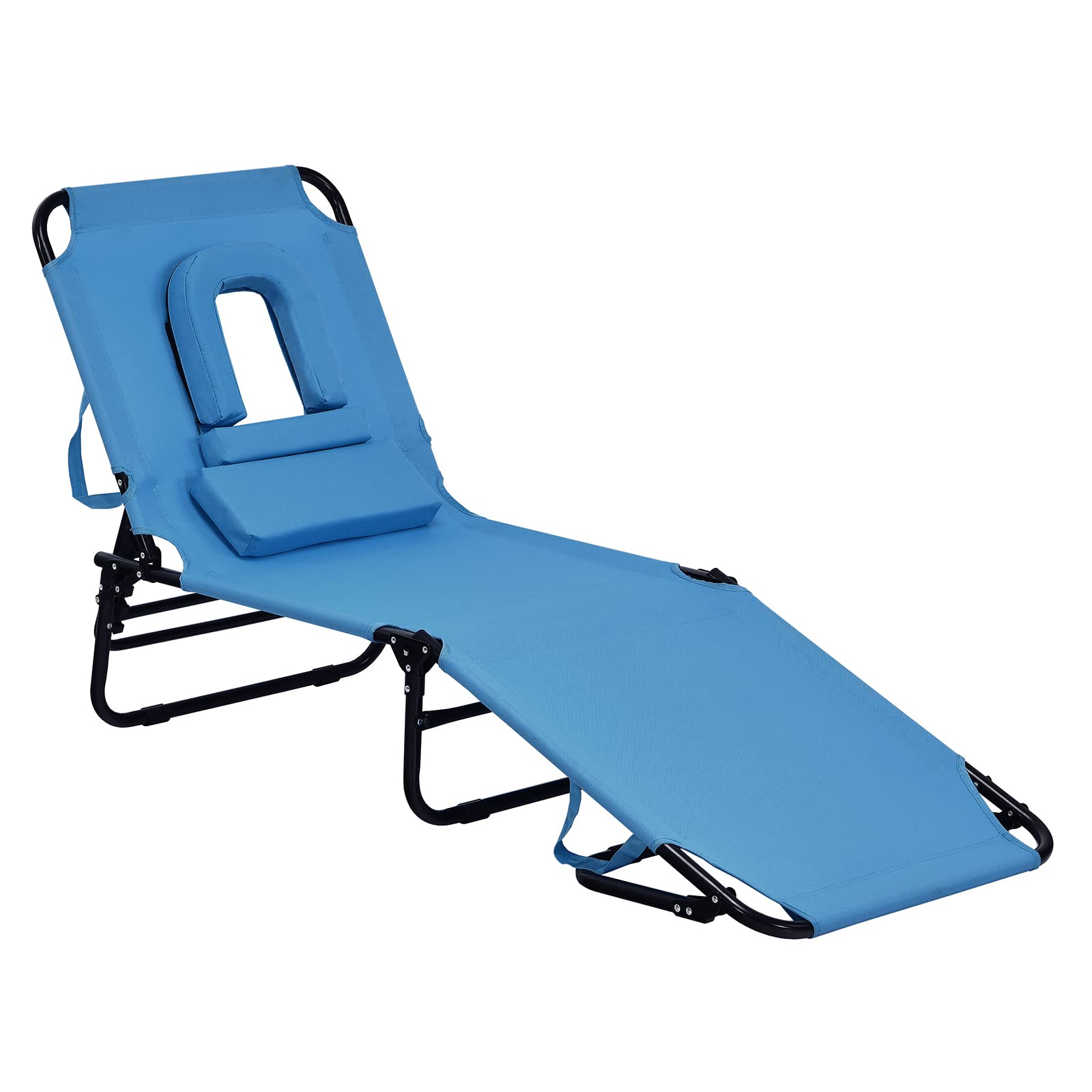 Folding Chaise Lounge Chair with Hole for Face, Outdoor 5-Position Adjustable Reclining Beach Sunbathing Chair